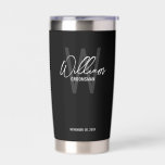 Modern Script Personalised Groomsmen Insulated Tumbler<br><div class="desc">Modern Minimalist Personalised Monogram and Name Gifts This design features personalised name in white modern handwriting script font style and monogram in light grey modern sans serif font style as background, with wedding details in white modern sans serif font style on black background. Also perfect for best man, maid of...</div>