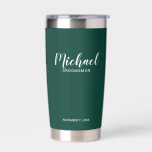 Modern Script Personalised Groomsmen Insulated Tumbler<br><div class="desc">Modern Script Personalised Groomsmen Tumbler
featuring personalised groomsman's name in white modern script font style with title and wedding date in modern sans serif font style on emerald green background.

Also perfect for Maid of Honour,  Flower Girl,  Mother of the Bride,  Best man and more.</div>