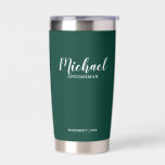 Modern Script Personalised Groomsmen Insulated Tumbler<br><div class="desc">Modern Script Personalised Groomsmen Tumbler
featuring personalised groomsman's name in white modern script font style with title and wedding date in modern sans serif font style on emerald green background.

Also perfect for Maid of Honour,  Flower Girl,  Mother of the Bride,  Best man and more.</div>