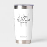 Modern Script Personalised Groomsmen Insulated Tumbler<br><div class="desc">Modern Minimalist Personalised Monogram and Name Gifts This design features personalised name in grey modern handwriting script font style and monogram in light grey modern sans serif font style as background, with wedding details in grey modern sans serif font style on white background. Also perfect for best man, maid of...</div>