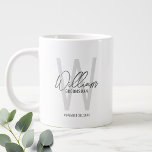 Modern Script Personalised Groomsmen Large Coffee Mug<br><div class="desc">Modern Minimalist Personalised Monogram and Name Gifts This design features personalised name in grey modern handwriting script font style and monogram in light grey modern sans serif font style as background, with wedding details in grey modern sans serif font style, on white background. Also perfect for best man, maid of...</div>