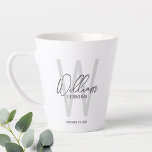 Modern Script Personalised Groomsmen Latte Mug<br><div class="desc">Modern Minimalist Personalised Monogram and Name Gifts This design features personalised name in grey modern handwriting script font style and monogram in light grey modern sans serif font style as background, with wedding details in grey modern sans serif font style, on white background. Also perfect for best man, maid of...</div>