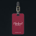Modern Script Personalised Groomsmen Luggage Tag<br><div class="desc">Add a personal touch to your wedding with personalised groomsmen luggage tag. This luggage tag features personalised groomsmen's name in white modern script font style and monogram in light burgundy red modern script font style as background with title and wedding date in white modern sans serif font style on burgundy...</div>