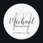 Modern Script Personalised Groomsmen Magnet<br><div class="desc">Add a personal touch to your wedding with personalised groomsmen magnet. This magnet features personalised groomsmen's name in grey modern script font style and monogram in light grey modern script font style as background with title and wedding date in grey modern sans serif font style on white background. Also perfect...</div>