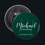 Modern Script Personalised Groomsmen Monogram&Name Bottle Opener<br><div class="desc">Add a personal touch to your wedding with personalised groomsmen bottle opener. This bottle opener features personalised groomsmen's name in white modern script font style and monogram in light emerald green modern script font style as background with title and wedding date in white modern sans serif font style on emerald...</div>