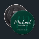 Modern Script Personalised Groomsmen Monogram&Name Bottle Opener<br><div class="desc">Add a personal touch to your wedding with personalised groomsmen bottle opener. This bottle opener features personalised groomsmen's name in white modern script font style and monogram in light emerald green modern script font style as background with title and wedding date in white modern sans serif font style on emerald...</div>