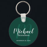 Modern Script Personalised Groomsmen Monogram&Name Key Ring<br><div class="desc">Add a personal touch to your wedding with personalised groomsmen keychain. This keychain features personalised groomsmen's name in white modern script font style and monogram in light emerald green modern script font style as background with title and wedding date in white modern sans serif font style on emerald green background....</div>