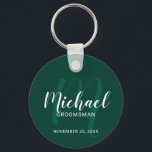 Modern Script Personalised Groomsmen Monogram&Name Key Ring<br><div class="desc">Add a personal touch to your wedding with personalised groomsmen keychain. This keychain features personalised groomsmen's name in white modern script font style and monogram in light emerald green modern script font style as background with title and wedding date in white modern sans serif font style on emerald green background....</div>