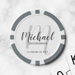 Modern Script Personalised Groomsmen Poker Chips<br><div class="desc">Add a personal touch to your wedding with personalised groomsmen poker chips. This design features personalised groomsmen's name in grey modern script font style and monogram in light grey modern script font style as background with title and wedding date in grey modern sans serif font style on white background. Also...</div>