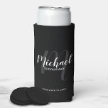 Modern Script Personalised Groomsmen Seltzer Can Cooler<br><div class="desc">Add a personal touch to your wedding with personalised groomsmen can cooler. This can cooler features personalised groomsmen's name in white modern script font style and monogram in grey modern script font style as background with title and wedding date in white modern sans serif font style on black background. Also...</div>