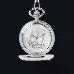 Modern Script Personalised Groomsmen Watch<br><div class="desc">Add a personal touch to your wedding with personalised groomsmen gift. This design features personalised groomsmen's name in grey modern script font style and monogram in light grey modern script font style as background with title and wedding date in grey modern sans serif font style on white marble background. Also...</div>