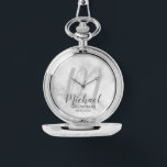 Modern Script Personalised Groomsmen Watch<br><div class="desc">Add a personal touch to your wedding with personalised groomsmen gift. This design features personalised groomsmen's name in grey modern script font style and monogram in light grey modern script font style as background with title and wedding date in grey modern sans serif font style on white marble background. Also...</div>
