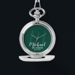 Modern Script Personalised Groomsmen Watch<br><div class="desc">Add a personal touch to your wedding with personalised groomsmen gift. This design features personalised groomsmen's name in white modern script font style and monogram in light emerald green modern script font style as background with title and wedding date in white modern sans serif font style on emerald green background....</div>