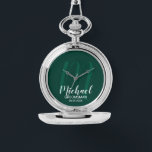 Modern Script Personalised Groomsmen Watch<br><div class="desc">Add a personal touch to your wedding with personalised groomsmen gift. This design features personalised groomsmen's name in white modern script font style and monogram in light emerald green modern script font style as background with title and wedding date in white modern sans serif font style on emerald green background....</div>