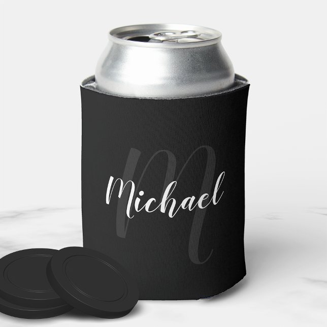 Modern Script Personalised Monogram and Name Black Can Cooler (Creator Uploaded)