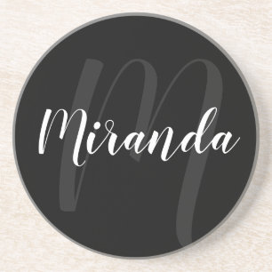 Modern Script Personalised Monogram and Name Black Coaster