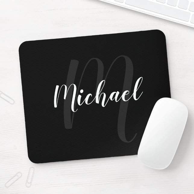 Modern Script Personalised Monogram and Name Black Mouse Pad (Creator Uploaded)