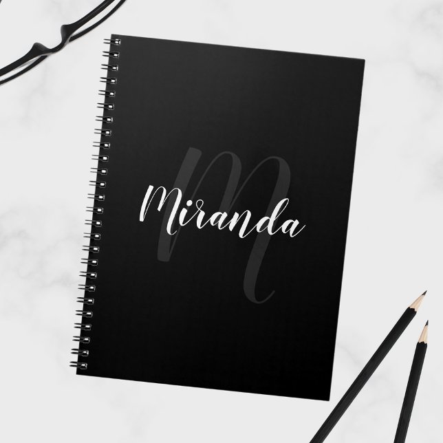 Modern Script Personalised Monogram and Name Black Notebook (Creator Uploaded)