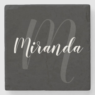 Modern Script Personalised Monogram and Name Black Stone Coaster