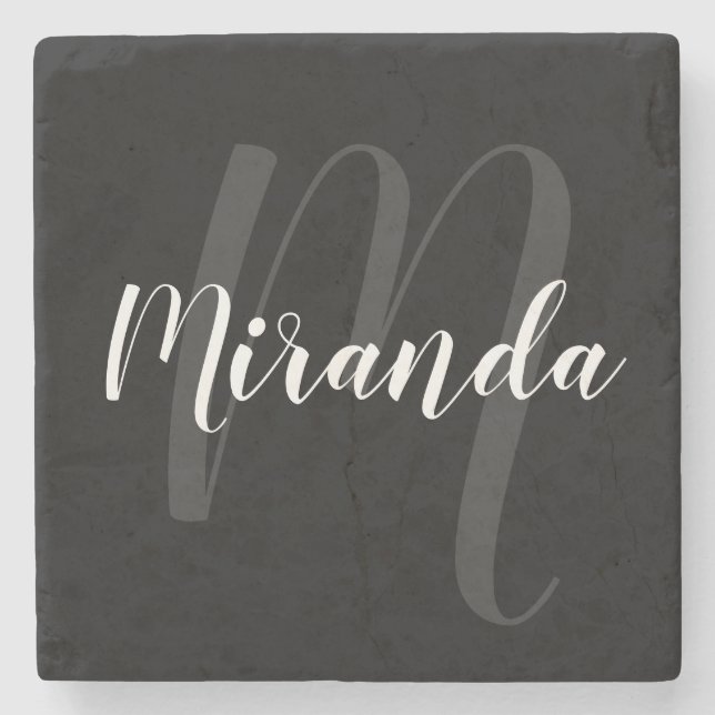 Modern Script Personalised Monogram and Name Black Stone Coaster (Front)