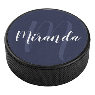 Modern Script Personalised Monogram and Name Hockey Puck