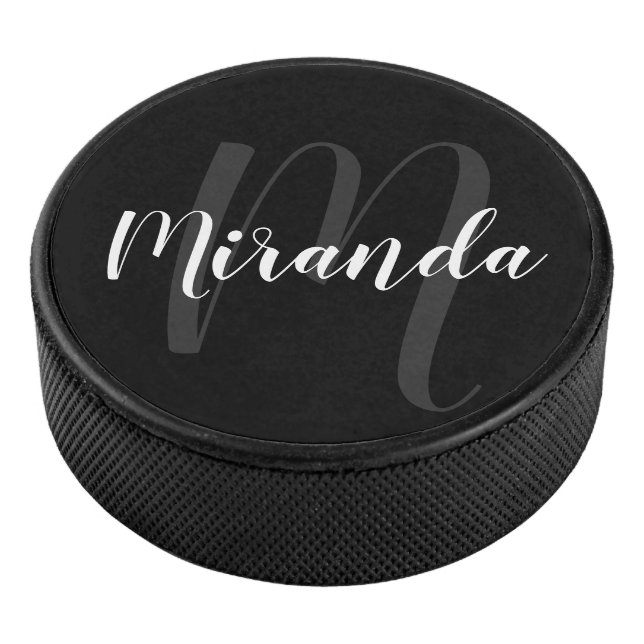 Modern Script Personalised Monogram and Name Hockey Puck (3/4)