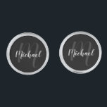 Modern Script Personalised Monogram and Name Silver Finish Cufflinks<br><div class="desc">Personalised Monogram and Name Gift
featuring personalised name in white modern script font style and monogram in grey modern script font style as background
on black background.

Perfect as holiday gift,  father's day gift,  thank you gift for groomsmen and gift for any special occasions.</div>