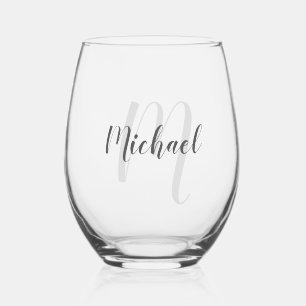Modern Script Personalised Monogram and Name Stemless Wine Glass
