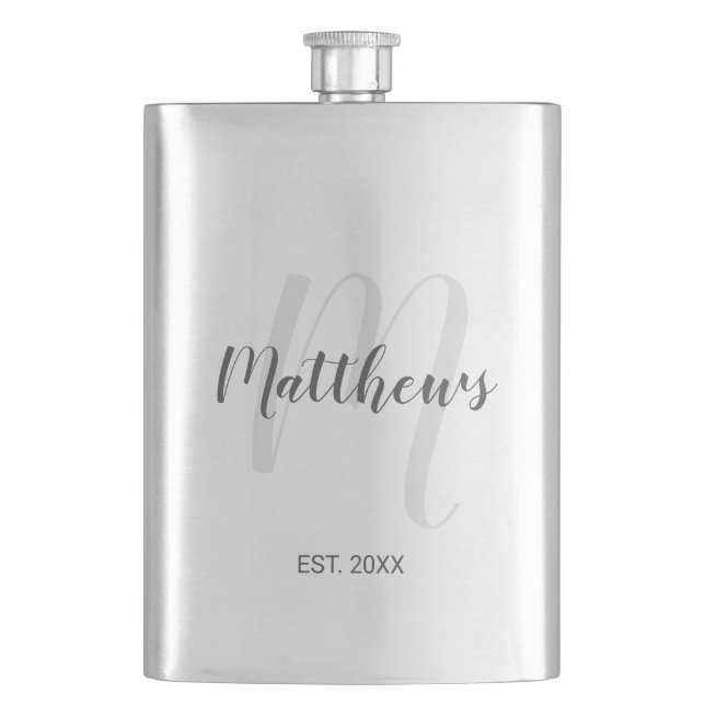 Modern Script Personalised Monogram & Family Name Hip Flask (Front)