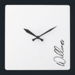 Modern Script Personalised Name Square Wall Clock<br><div class="desc">Modern Minimalist Personalised Name Gifts 
This design features personalised name in black modern handwriting script font on white background.</div>