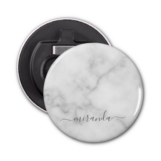 Modern Script Personalised Name White Marble Bottle Opener (Front)