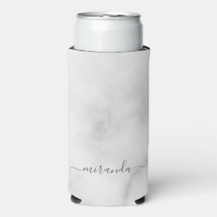 Modern Script Personalised Name White Marble Can C Seltzer Can Cooler