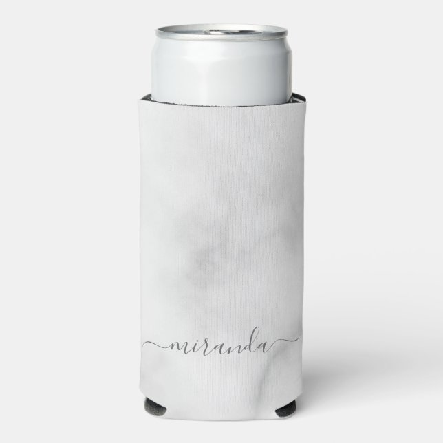 Modern Script Personalised Name White Marble Can C Seltzer Can Cooler (Seltzer Front)