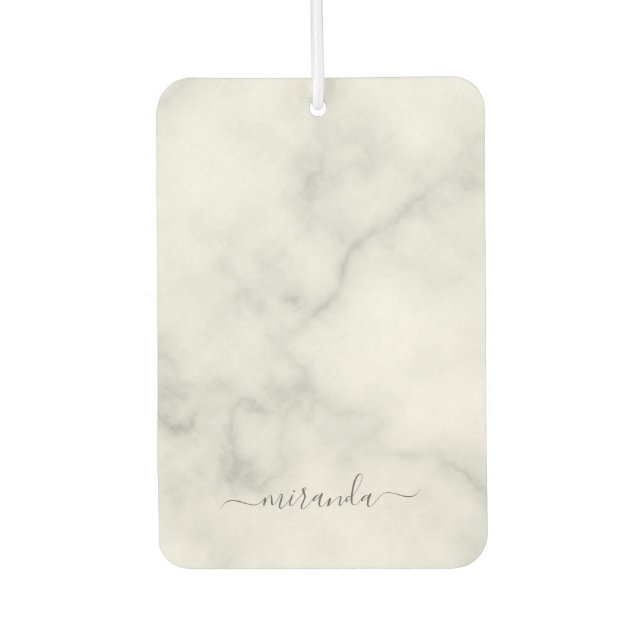 Modern Script Personalised Name White Marble Car Air Freshener (Front)