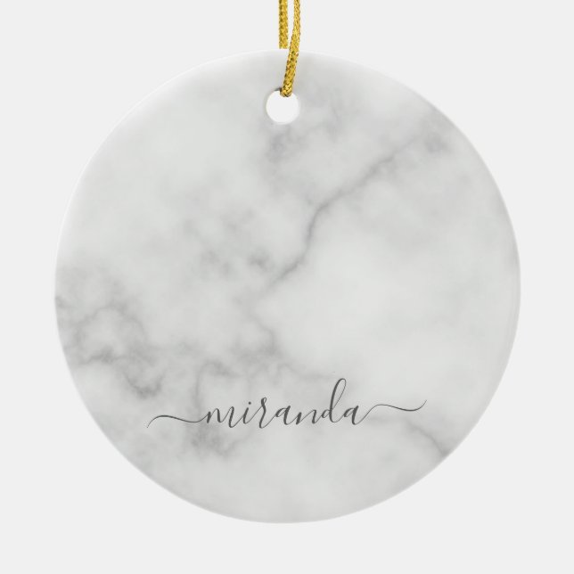 Modern Script Personalised Name White Marble Ceramic Ornament (Front)