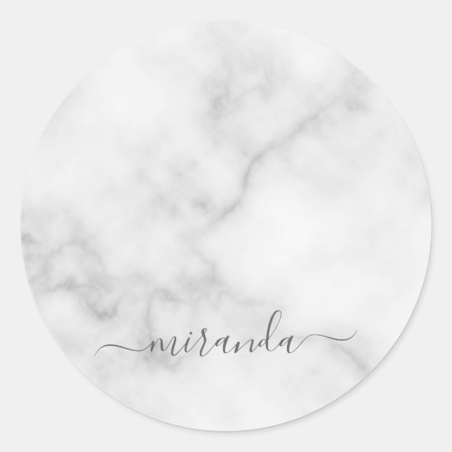 Modern Script Personalised Name White Marble Classic Round Sticker (Front)