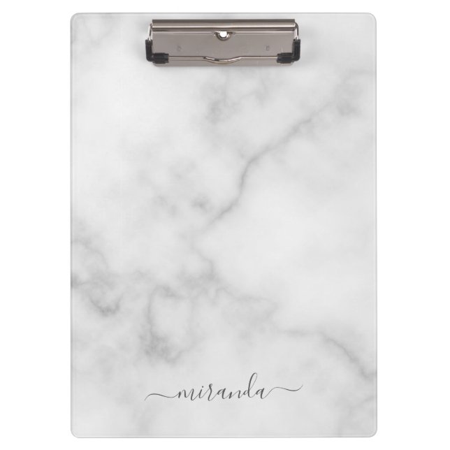 Modern Script Personalised Name White Marble Clipboard (Front)