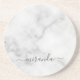 Modern Script Personalised Name White Marble Coaster