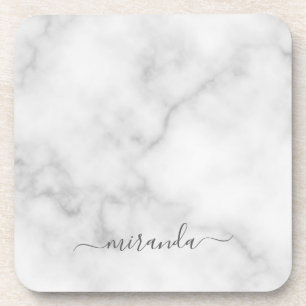 Modern Script Personalised Name White Marble Coaster