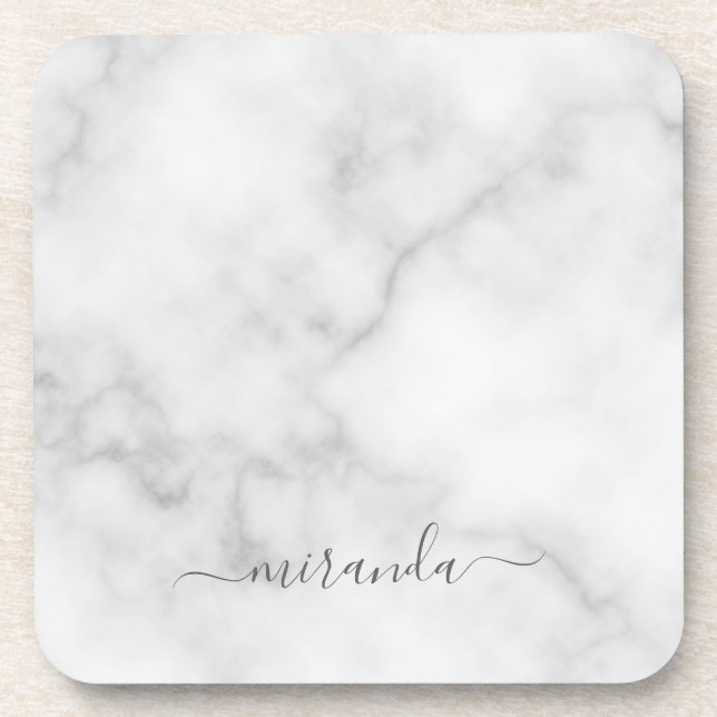 Modern Script Personalised Name White Marble Coaster (Front)