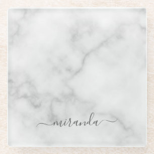 Modern Script Personalised Name White Marble Glass Coaster