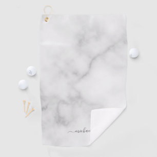 Modern Script Personalised Name White Marble Golf Towel