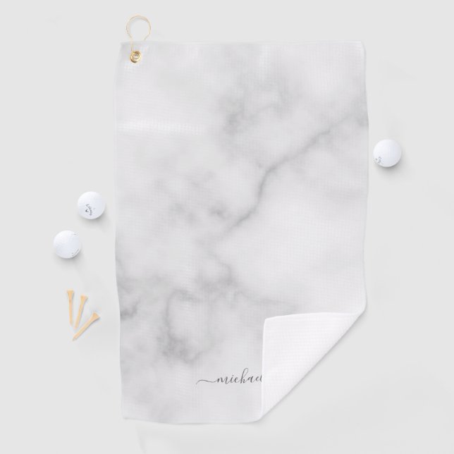 Modern Script Personalised Name White Marble Golf Towel (InSitu)