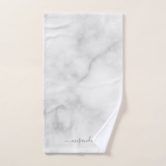 Modern Script Personalised Name White Marble Hand Towel (Hand Towel)
