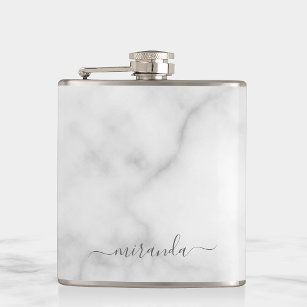 Modern Script Personalised Name White Marble Hip Flask