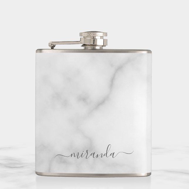 Modern Script Personalised Name White Marble Hip Flask (Creator Uploaded)