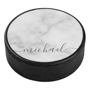 Modern Script Personalised Name White Marble Hockey Puck