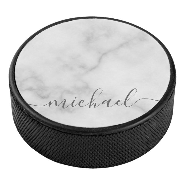 Modern Script Personalised Name White Marble Hockey Puck (3/4)