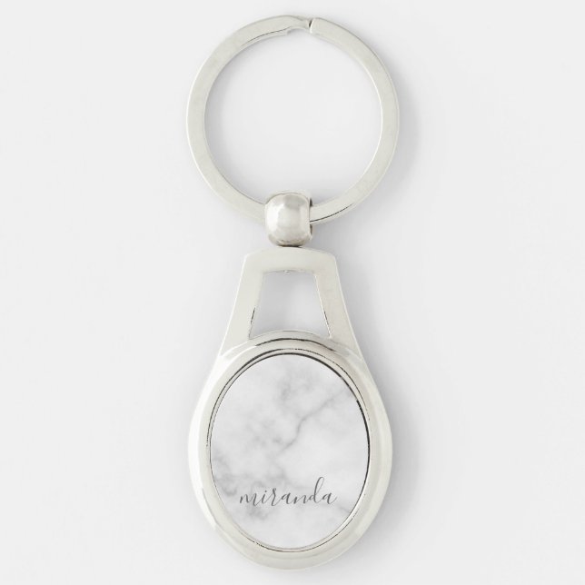 Modern Script Personalised Name White Marble Key Ring (Front)