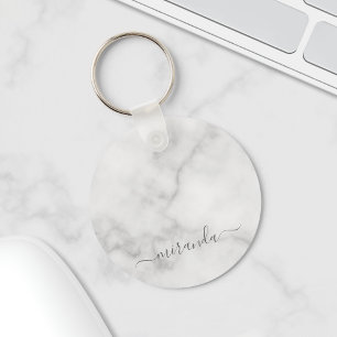 Modern Script Personalised Name White Marble Key Ring